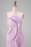 Lilac Halter A Line Pleated Ruffled Bridesmaid Dress with Slit