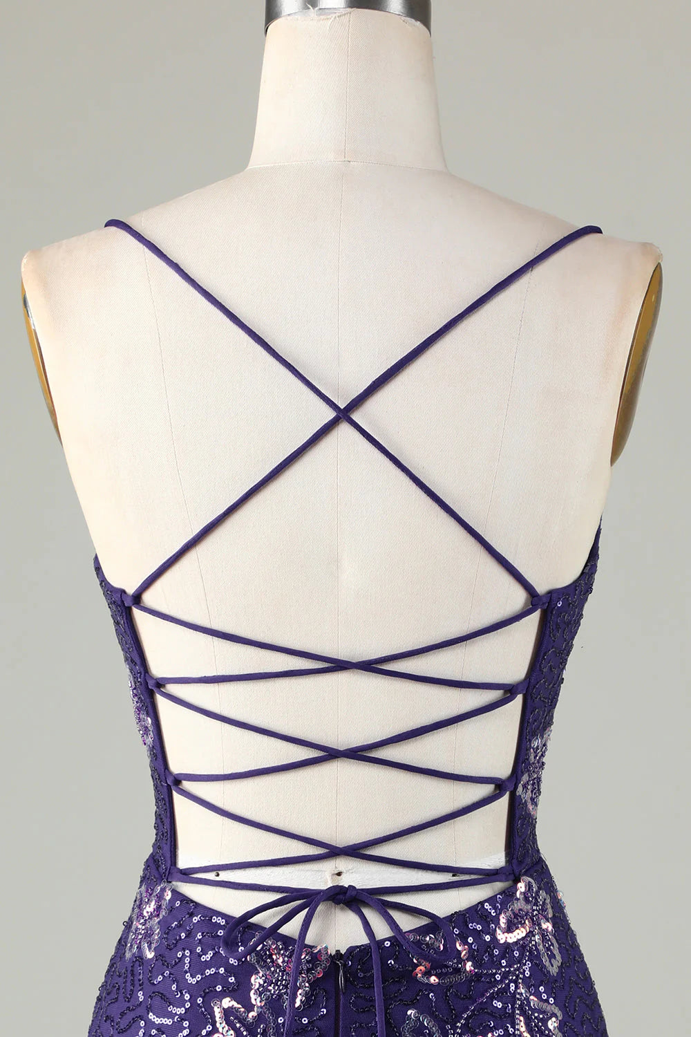 Sparkly Dark Purple Sheath Short Homecoming Dress with Criss Cross Back