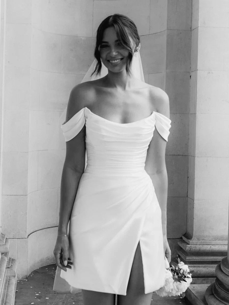 Off the Shoulder Short Satin Cowl Neck Simple Formal Wedding Dress With Slit