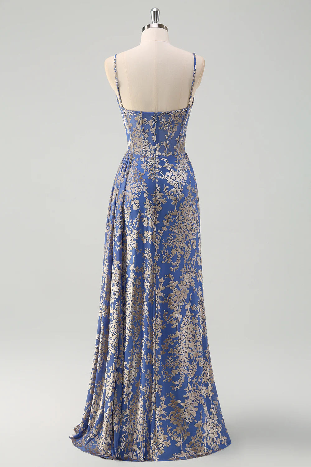 Mermaid Corset Burnout Velvet Blue Bridesmaid Dress with Watteau Train