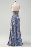 Mermaid Corset Burnout Velvet Blue Bridesmaid Dress with Watteau Train