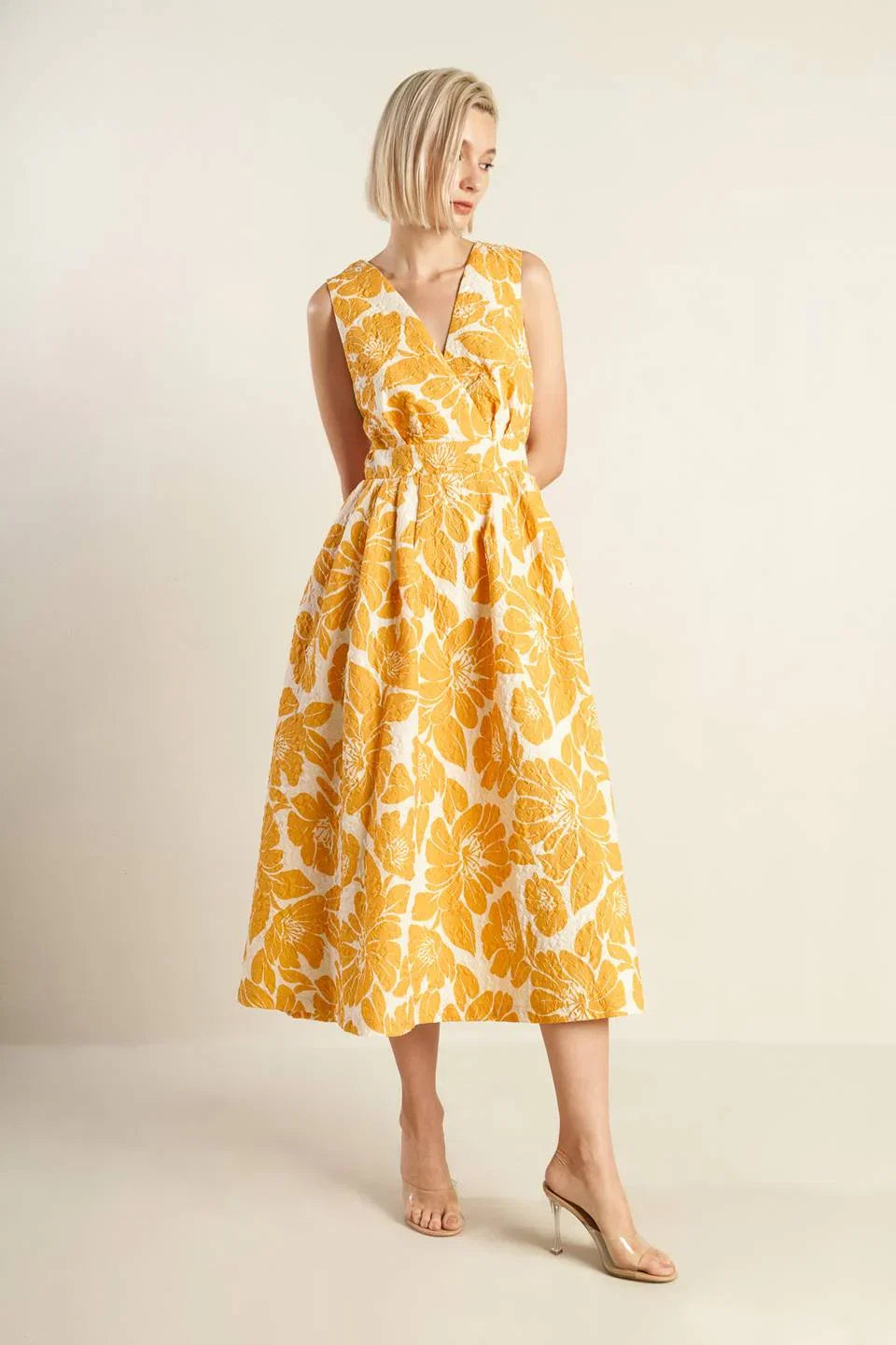 BOLD BLOOMS MUSTARD YELLOW MIDI DRESS
