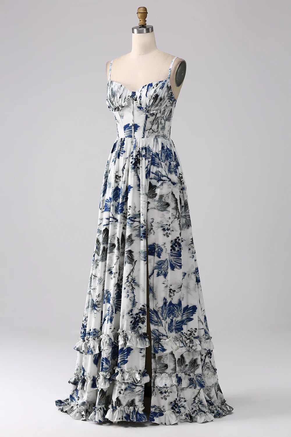 Blue A Line Spaghetti Straps Pleated Printed Long Bridesmaid Dress With Slit