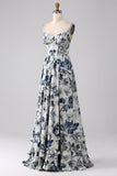Blue A Line Spaghetti Straps Pleated Printed Long Bridesmaid Dress With Slit