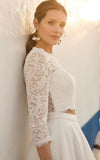Modern Two Piece Floor length 3 4 Length Sleeve Lace Jewel Wedding Dress with Ruching