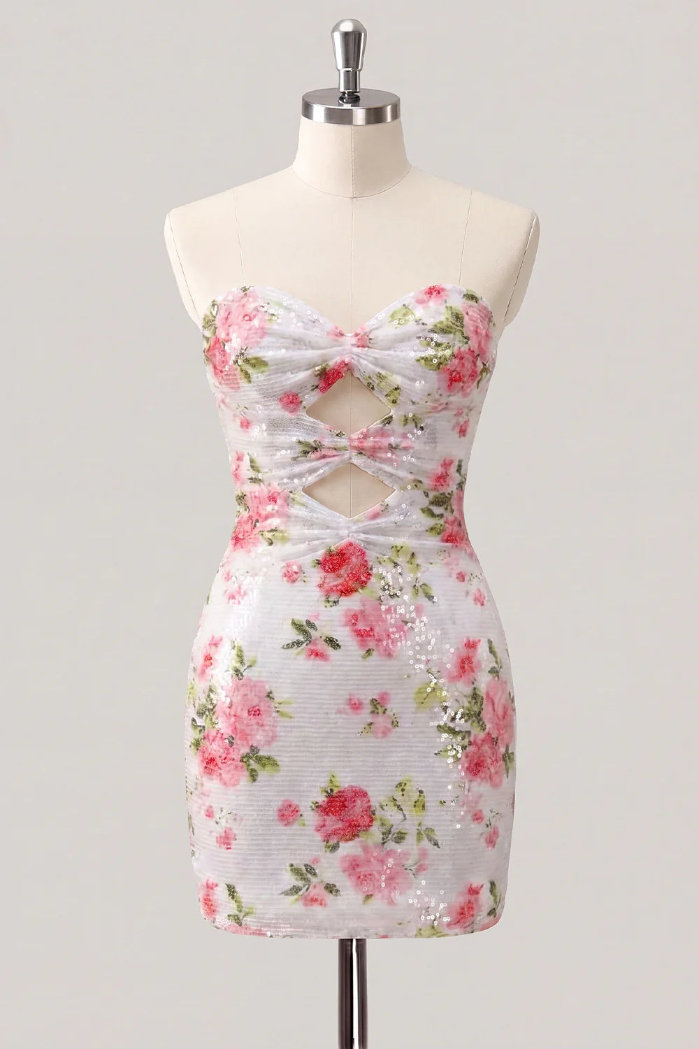 Floral White Strapless Cut Out Bodycon Homecoming Dress