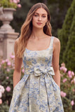 Light Blue A Line Floral Bow Jacquard Square Neck Wedding Guest Dress with Pockets