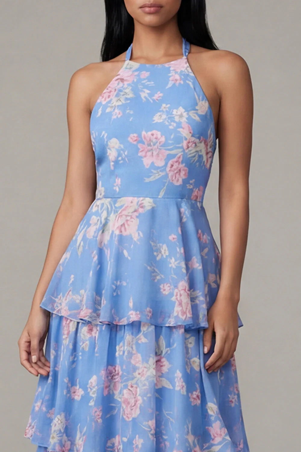Halter Tiered A Line Floral Blue Midi Wedding Guest Dress