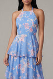 Halter Tiered A Line Floral Blue Midi Wedding Guest Dress