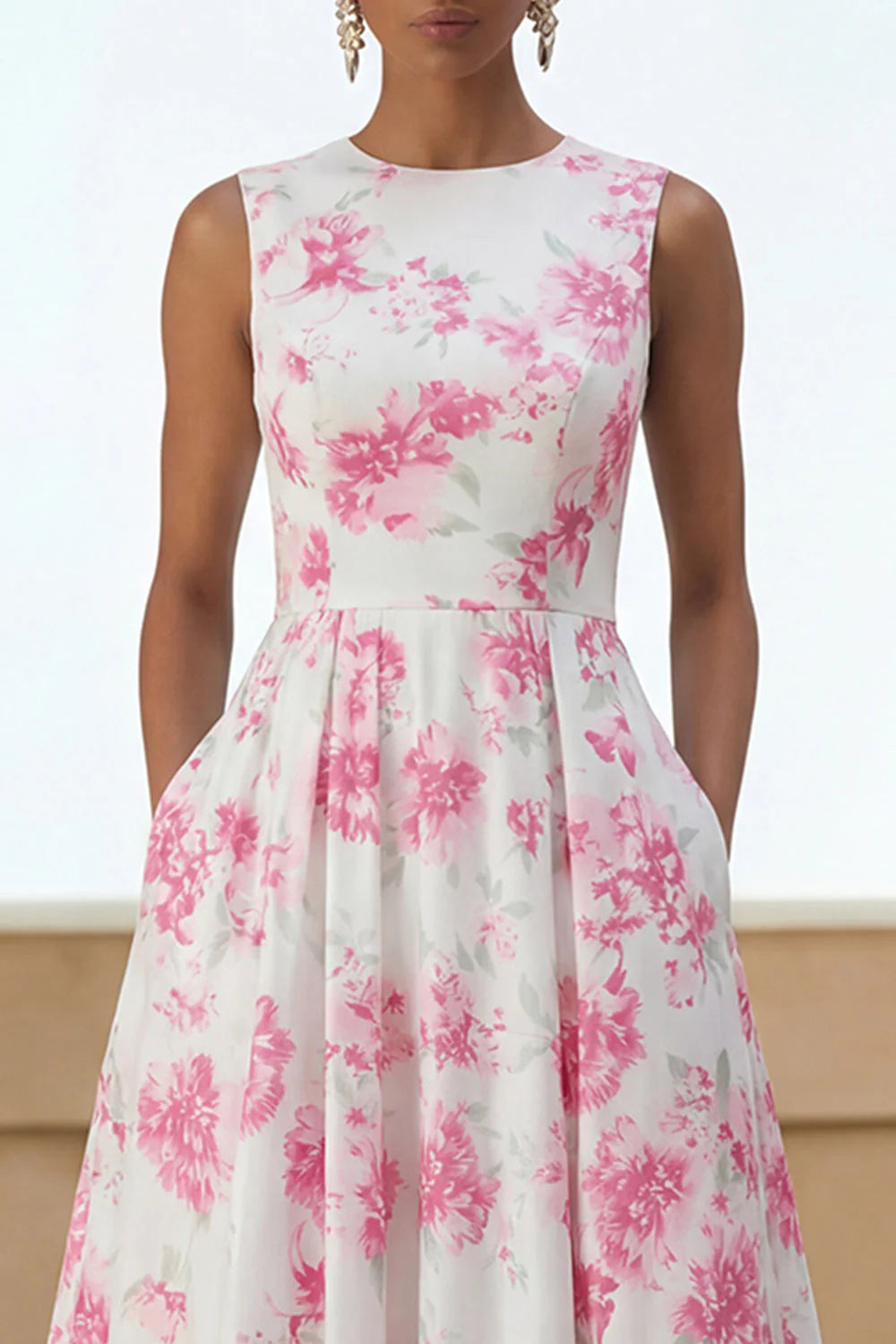 Floral White A Line Midi Wedding Guest Dress with Pockets