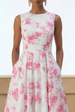 Floral White A Line Midi Wedding Guest Dress with Pockets