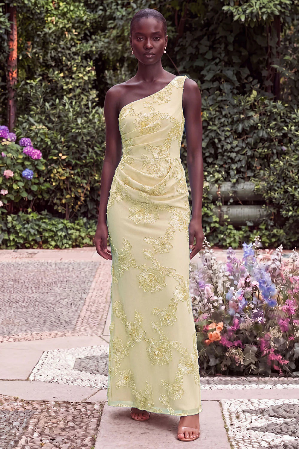 Sage Floral Embroidery One Shoulder Mermaid Wedding Guest Dress