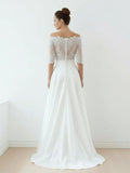 Off The Shoulder Lace A Line Satin Two Piece Wedding Dress With Sweep Train