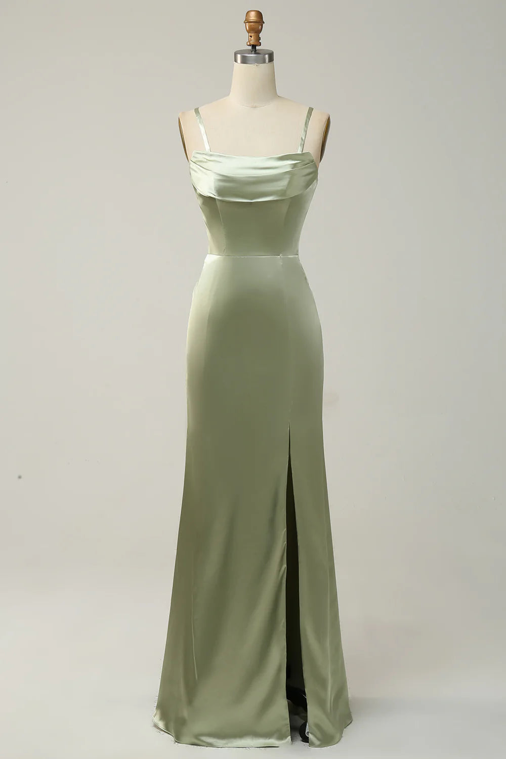 Green Sheath Convertible Strapless Satin Floor Length Dress with Slit