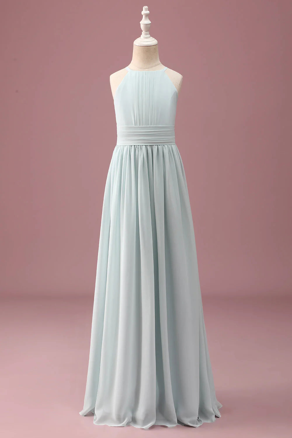 Mint A Line Halter Pleated Long Junior Bridesmaid Dress