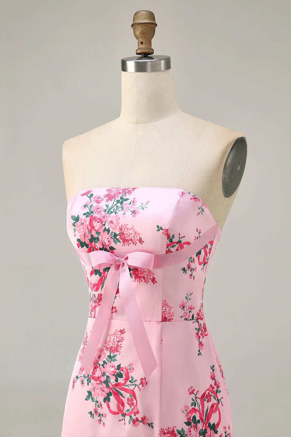 Bodycon Strapless Pink Floral Printed Short Homecoming Dress with Ruffles