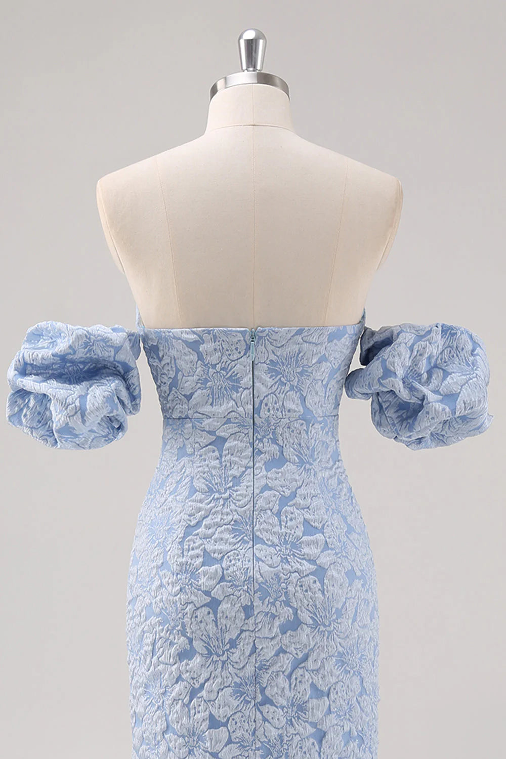 Simple Blue Floral Sheath Tea Length Brocade Formal Dress with Puff Sleeves
