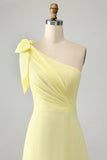 Yellow A Line One Shoulder Pleated Long Maxi Dress with Slit