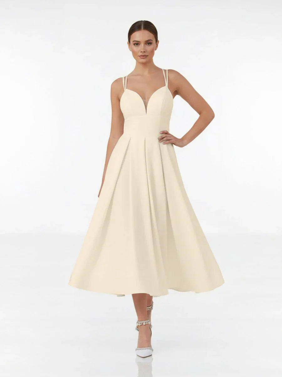 A Line V Neck Sleeveless Satin Knee Length Wedding Dress