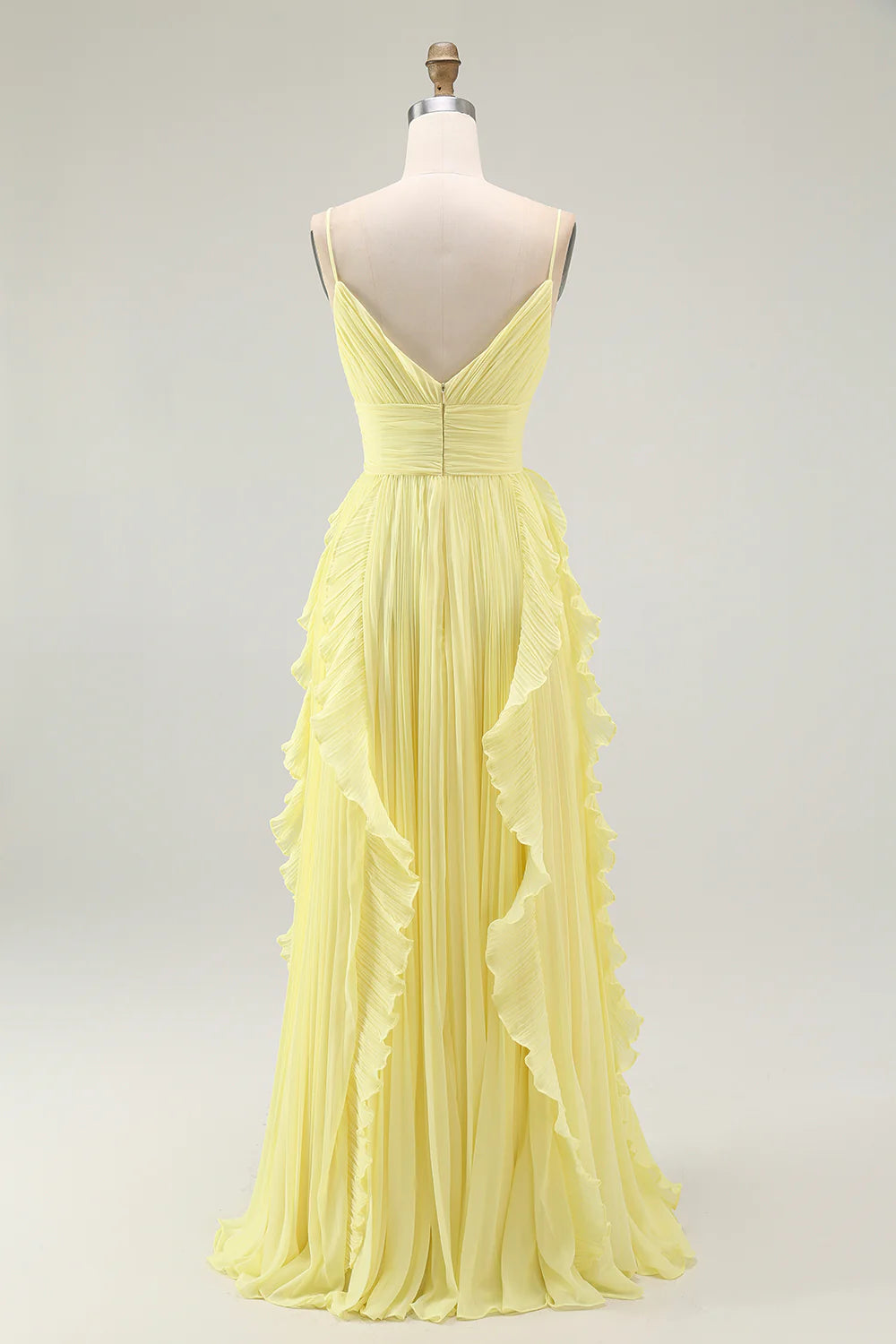 Sunshine Yellow A Line Spaghetti Straps Pleated Long Bridesmaid Dress