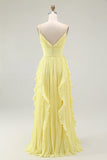 Sunshine Yellow A Line Spaghetti Straps Pleated Long Bridesmaid Dress
