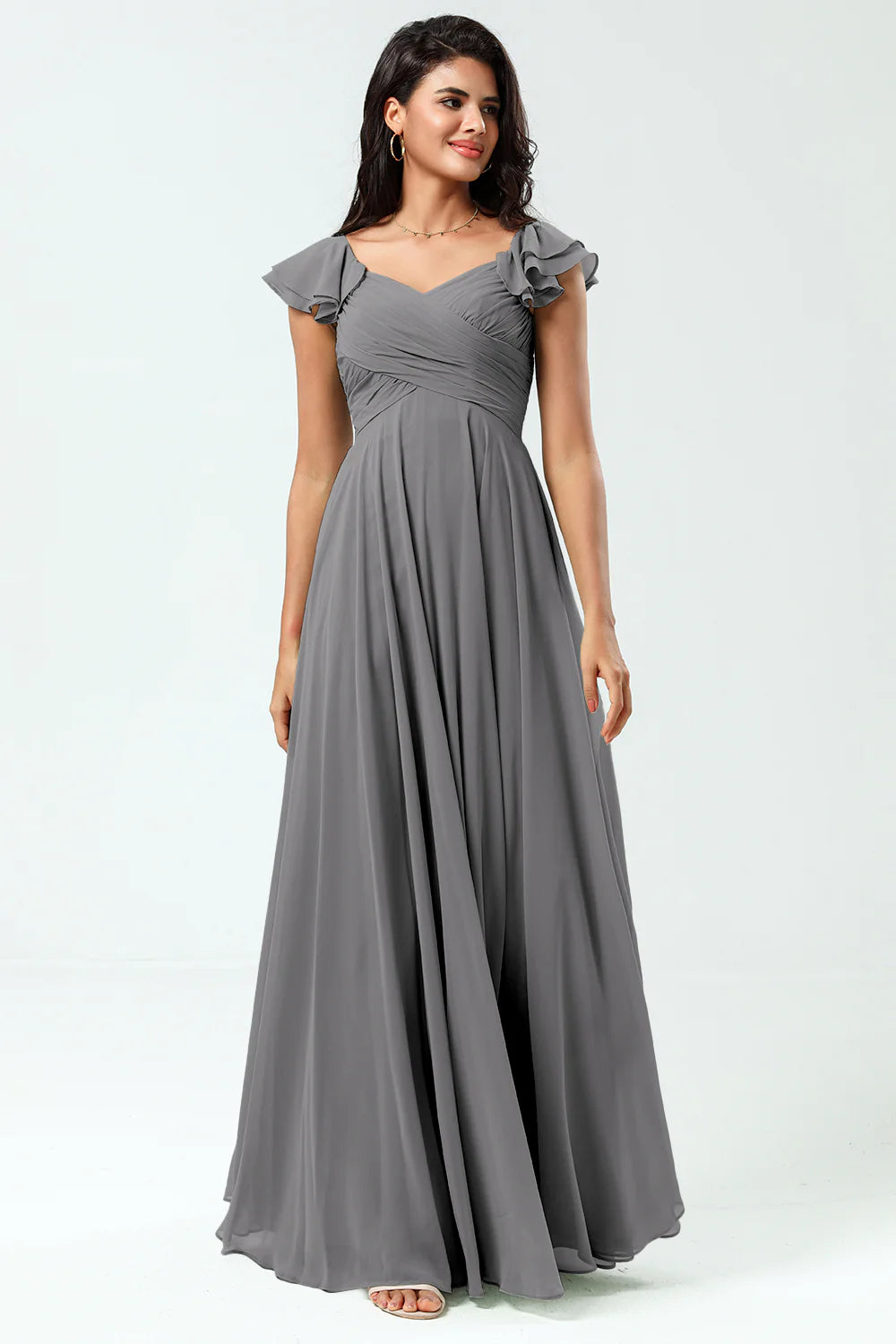 Lace Up Back Cross A Line Chiffon Bridesmaid Dress with Ruffles