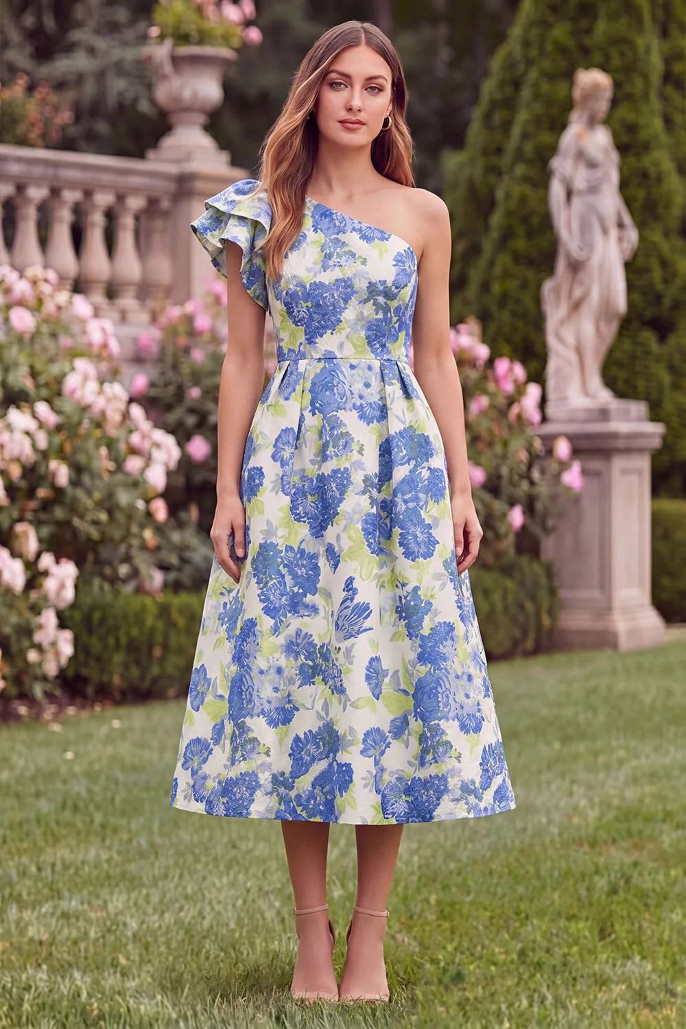 One Shoulder Blue Floral A Line Ruffled Midi Wedding Guest Dress