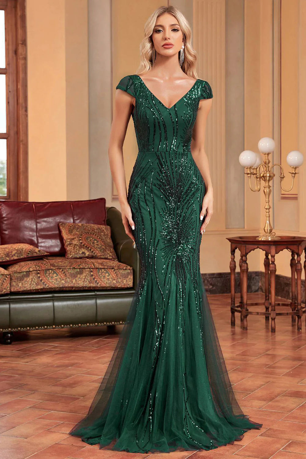 Sparkly Dark Green Mermaid V Neck Long Sequins Formal Dress