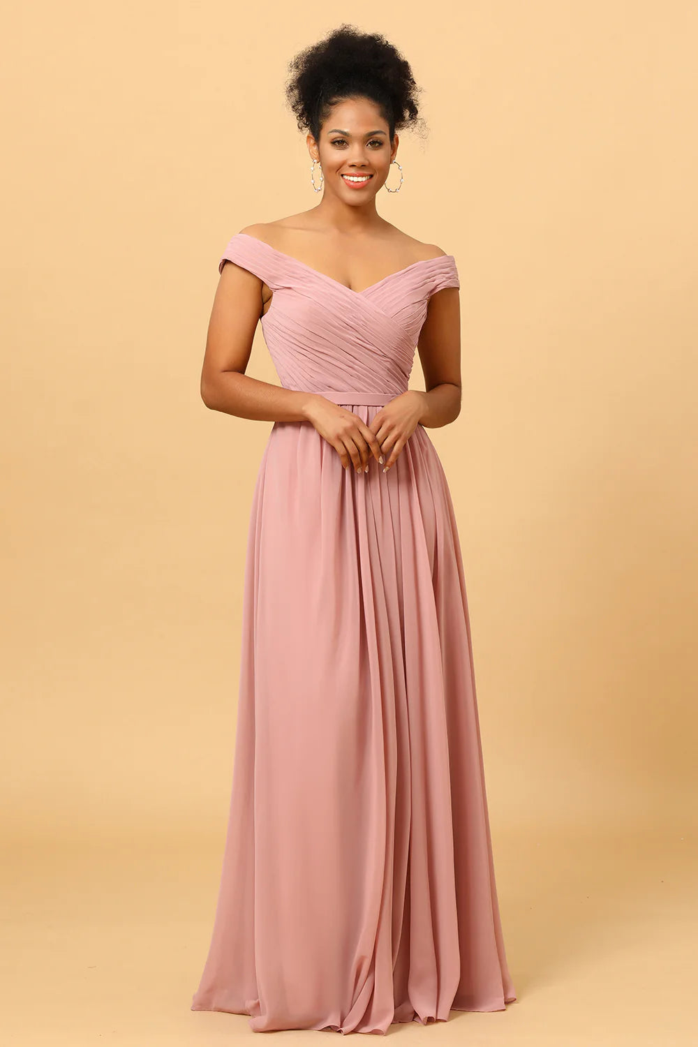 Dusty Rose Ruched Long Chiffon Bridesmaid Dress with Slit