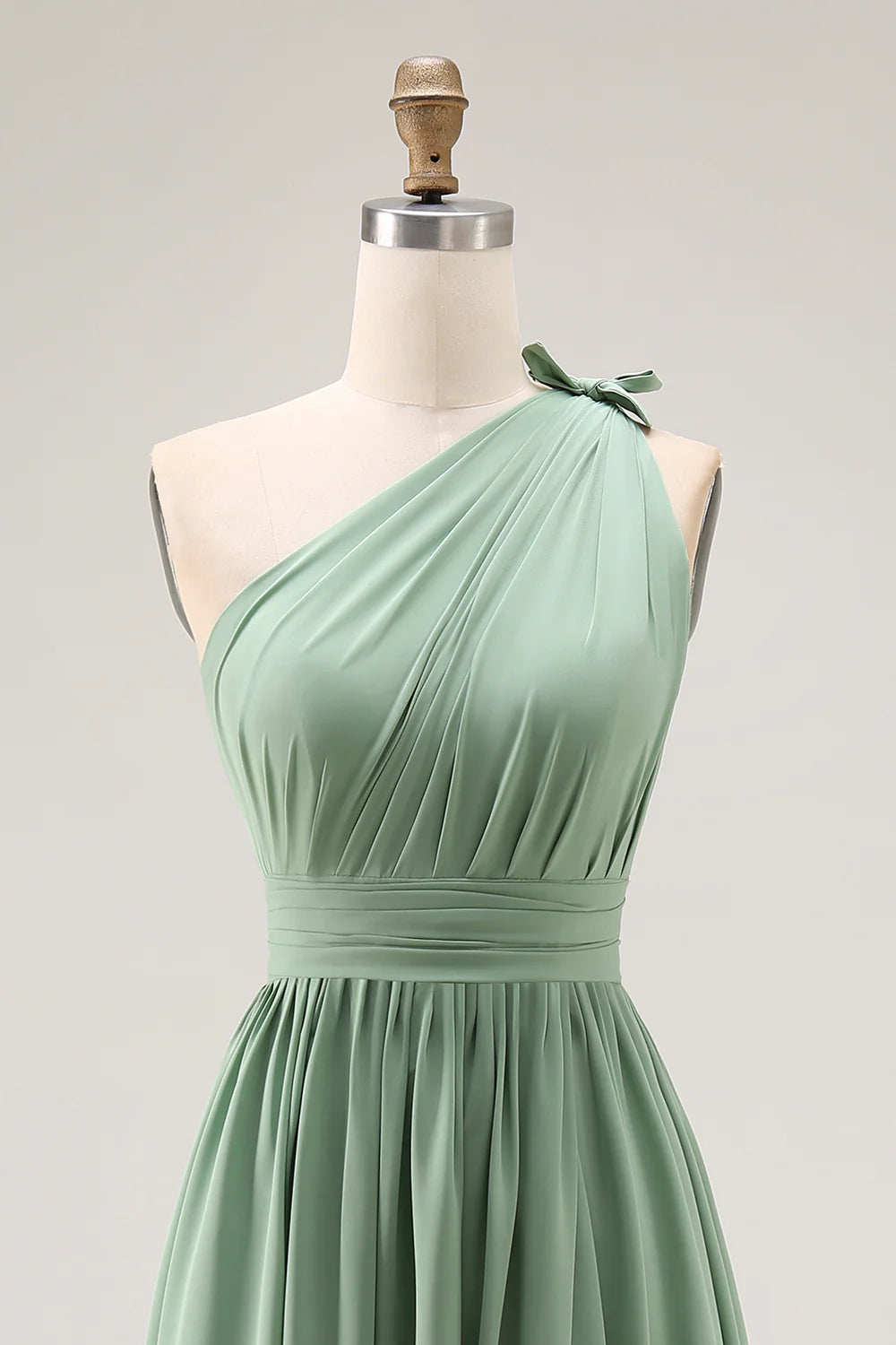 Green A Line One Shoulder Ruched Chiffon Long Bridesmaid Dress with Slit