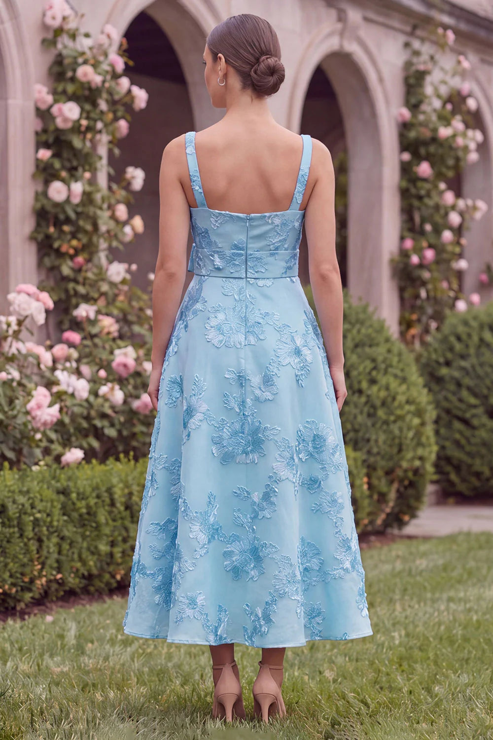 Sage Floral A Line Embroidery Square Neck Wedding Guest Dress with Bow
