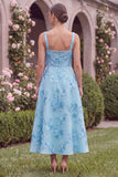 Sage Floral A Line Embroidery Square Neck Wedding Guest Dress with Bow