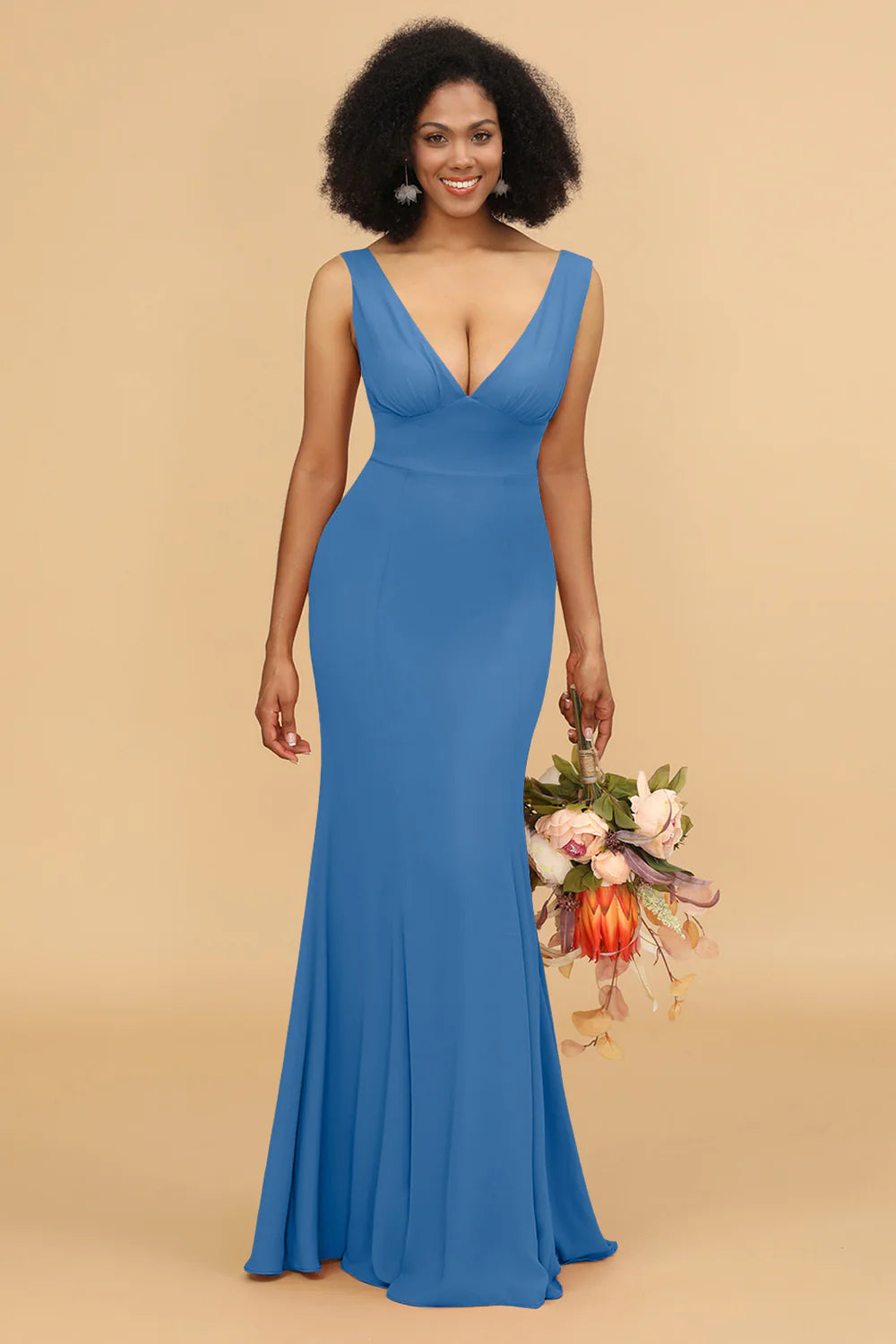 Mermaid V neck Open Back Long Chiffon Bridesmaid Dress With Ruffles