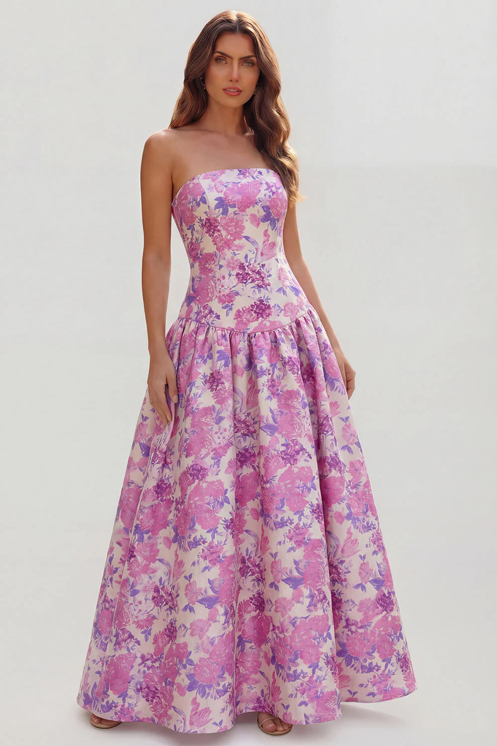 Blue White Flower Printed Strapless A Line Long Wedding Guest Dress