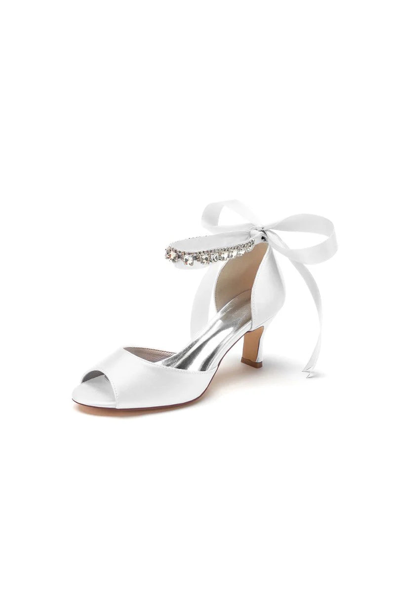 Rhinestone Peep Toe Wedding Sandals Chunky Heel Ankle Strap Shoes
