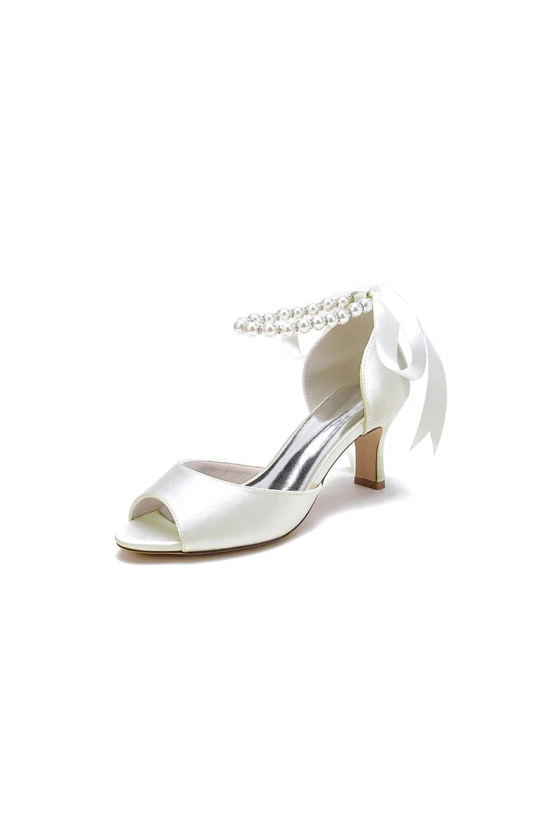 Chic Peep Toe Ribbons Faux Pearl Pumps