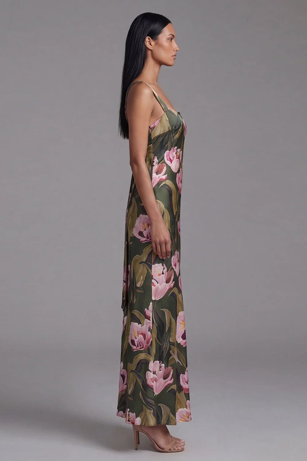 Olive Floral Square Neck Maxi Formal Dress