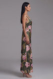 Olive Floral Square Neck Maxi Formal Dress