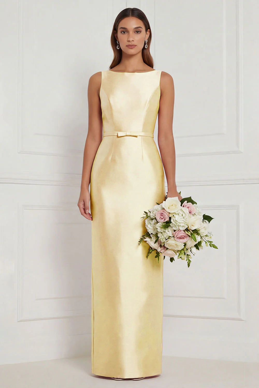 Sage Green Sheath Bateau Neck Satin Bridesmaid Dress