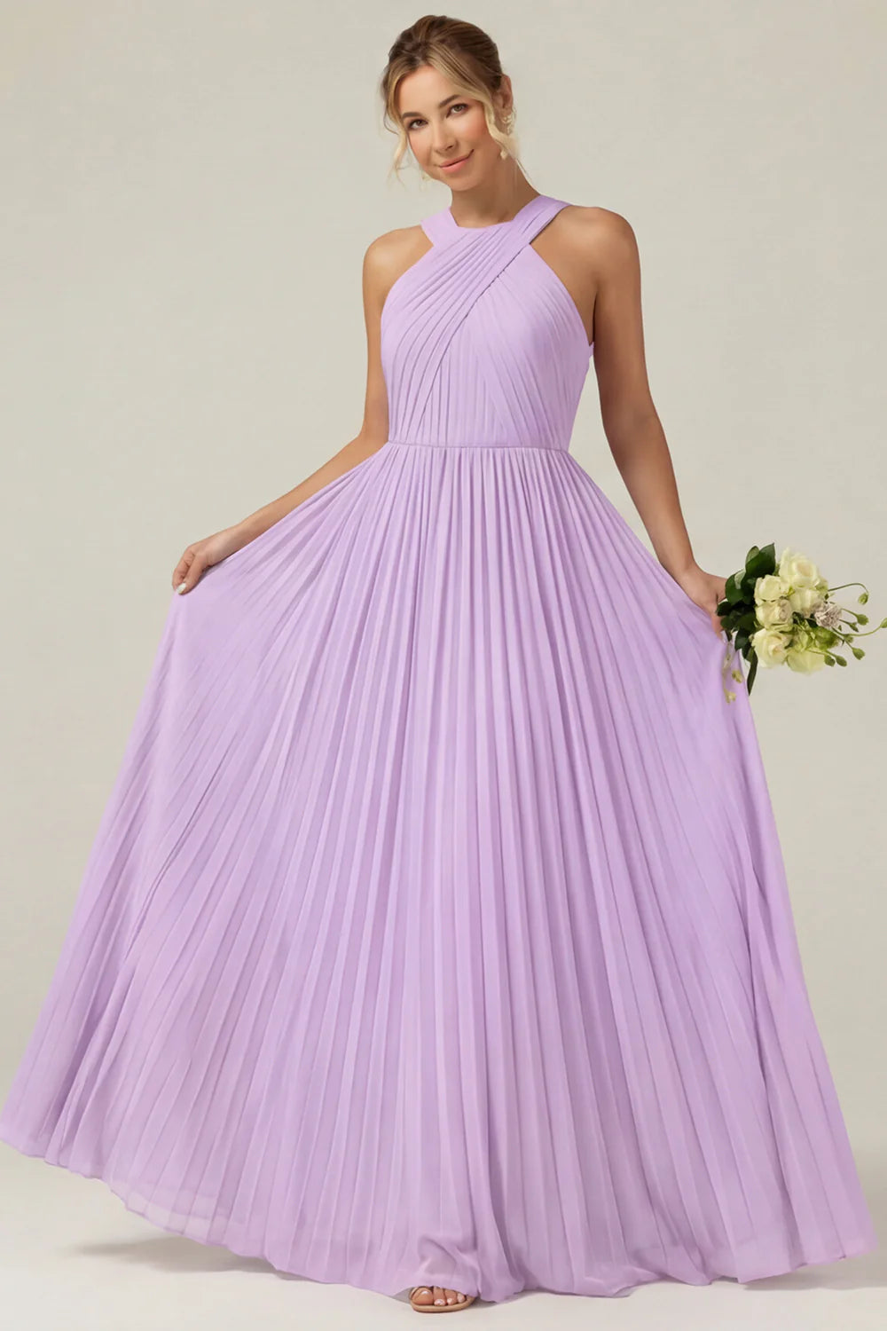 Dusty Sage A Line Halter Pleated Long Bridesmaid Dress