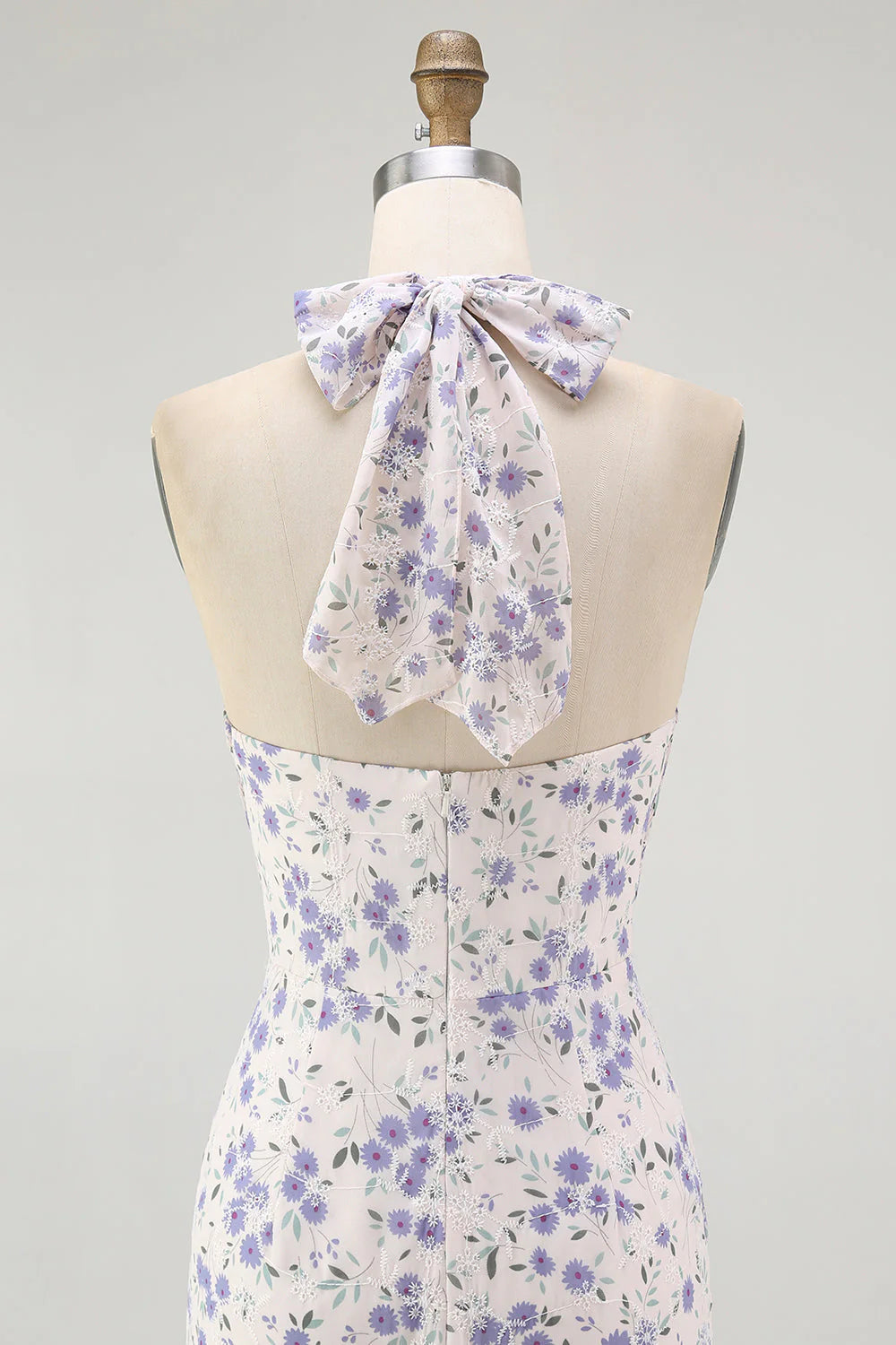 Blue Floral Halter Neck A Line Tiered Chiffon Midi Dress