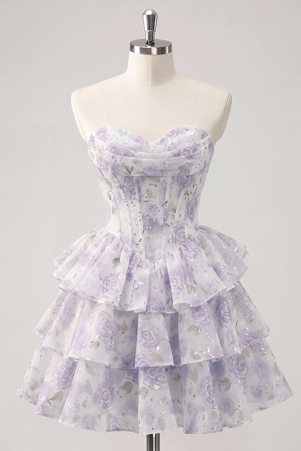 Strapless Floral A Line Sequin Corset Pink Homecoming Dress
