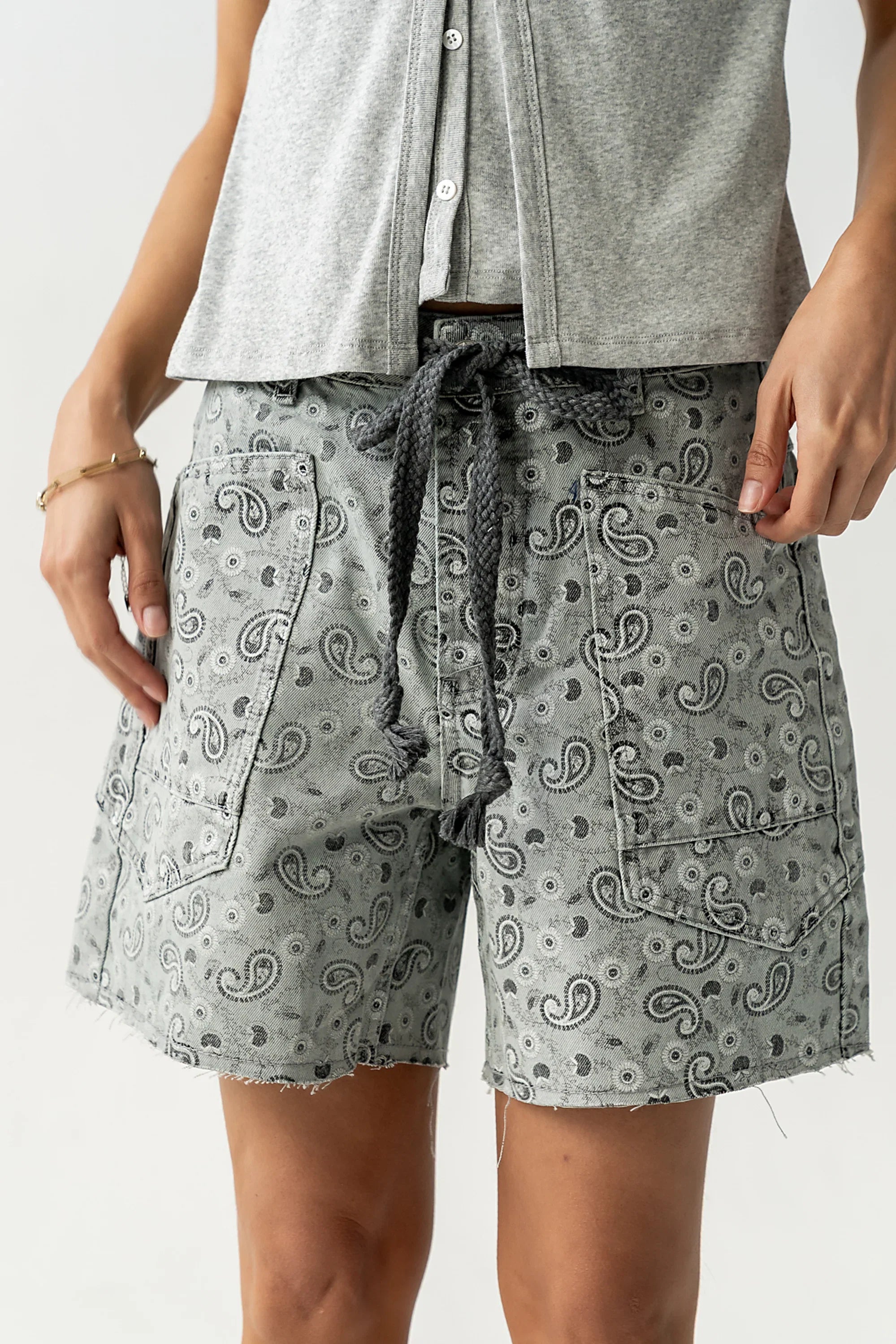 Finneas Denim Shorts in Grey Paisley