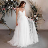 A Line Tulle Spaghetti Straps Wedding Dresses With Lace Appliques