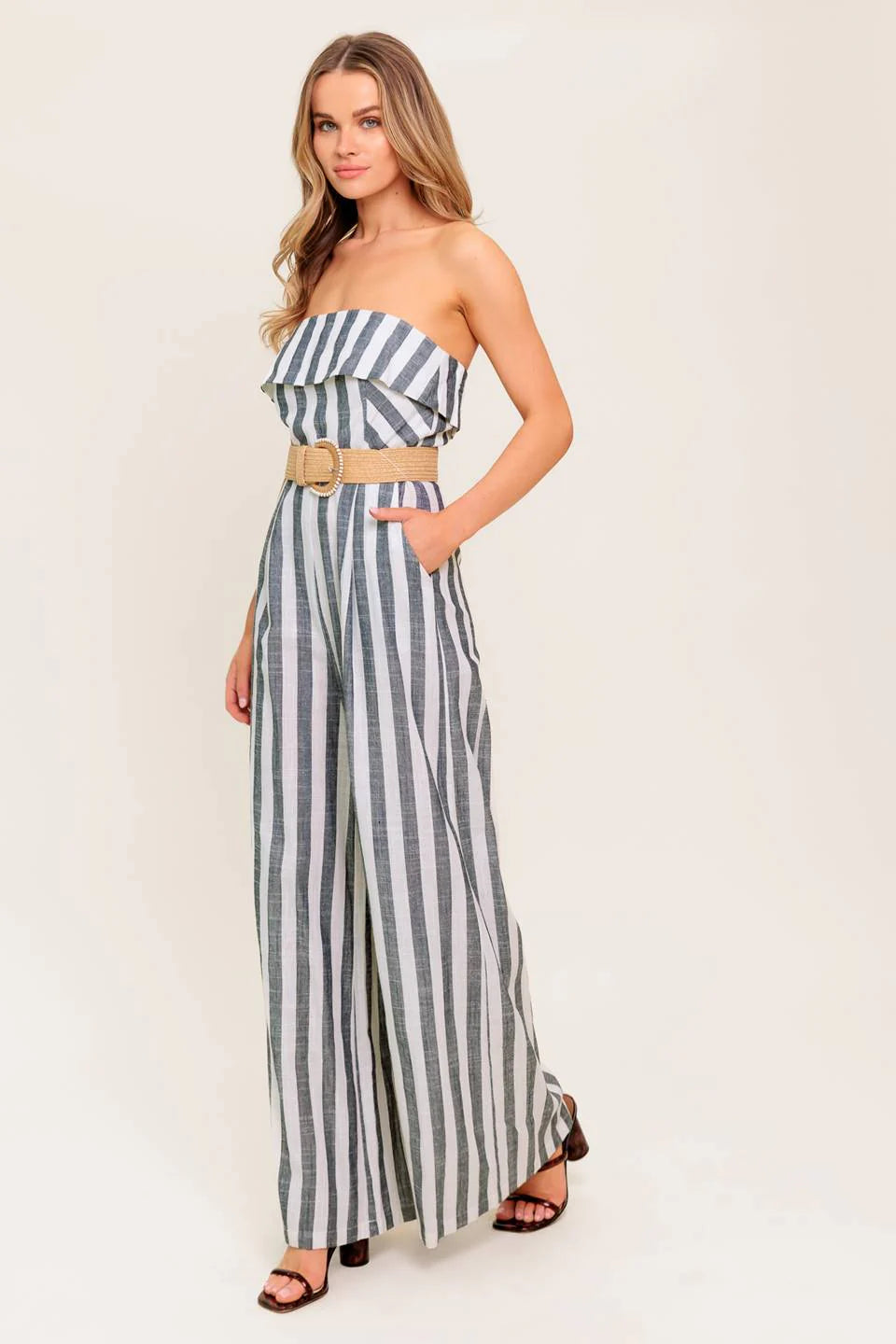 GREER STRAPLESS JUMPSUIT WHITE CHARCOAL STRIPE