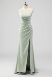 Sage Green Sheath One Shoulder Satin Long Bridesmaid Dress with Slit