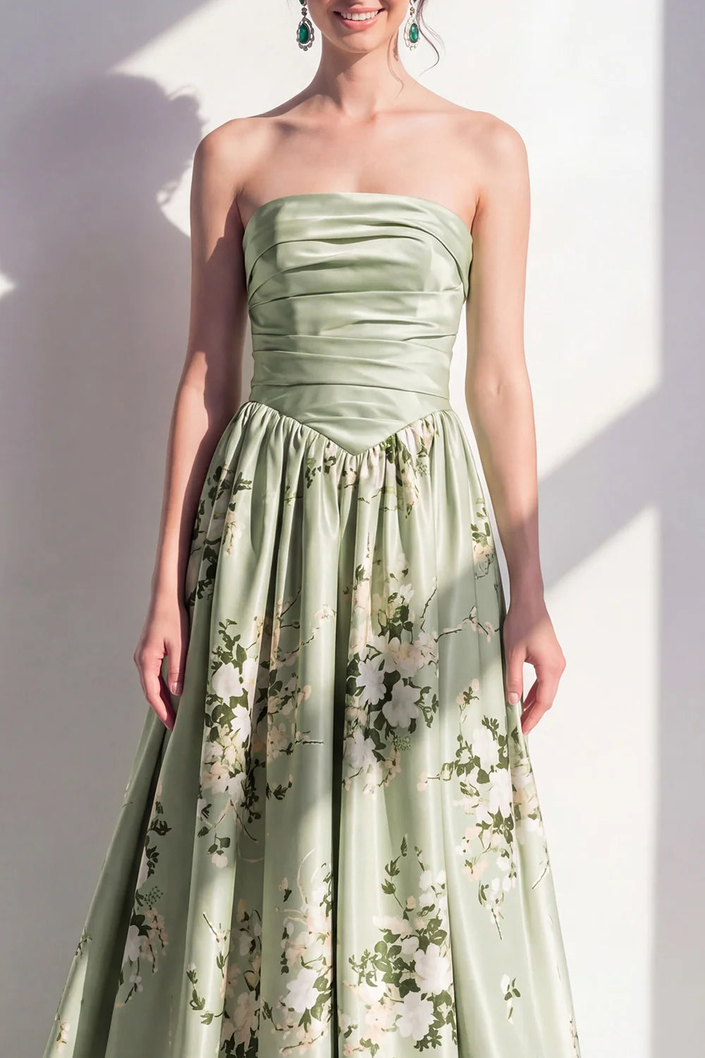 Strapless Sage Green A Line Floral Bridesmaid Dress