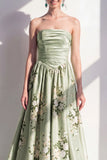Strapless Sage Green A Line Floral Bridesmaid Dress