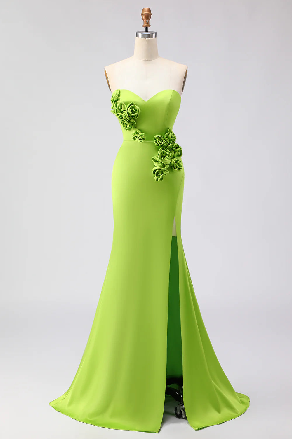 Green Strapless Mermaid 3D Flower Satin Long Prom Dress with Slit
