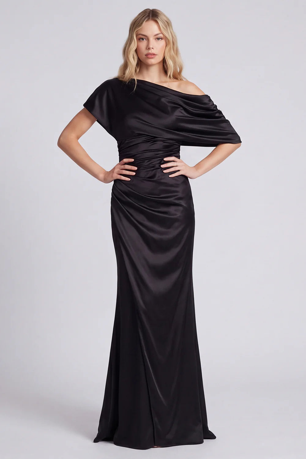 Black One Shoulder Mermaid Satin Formal Dress